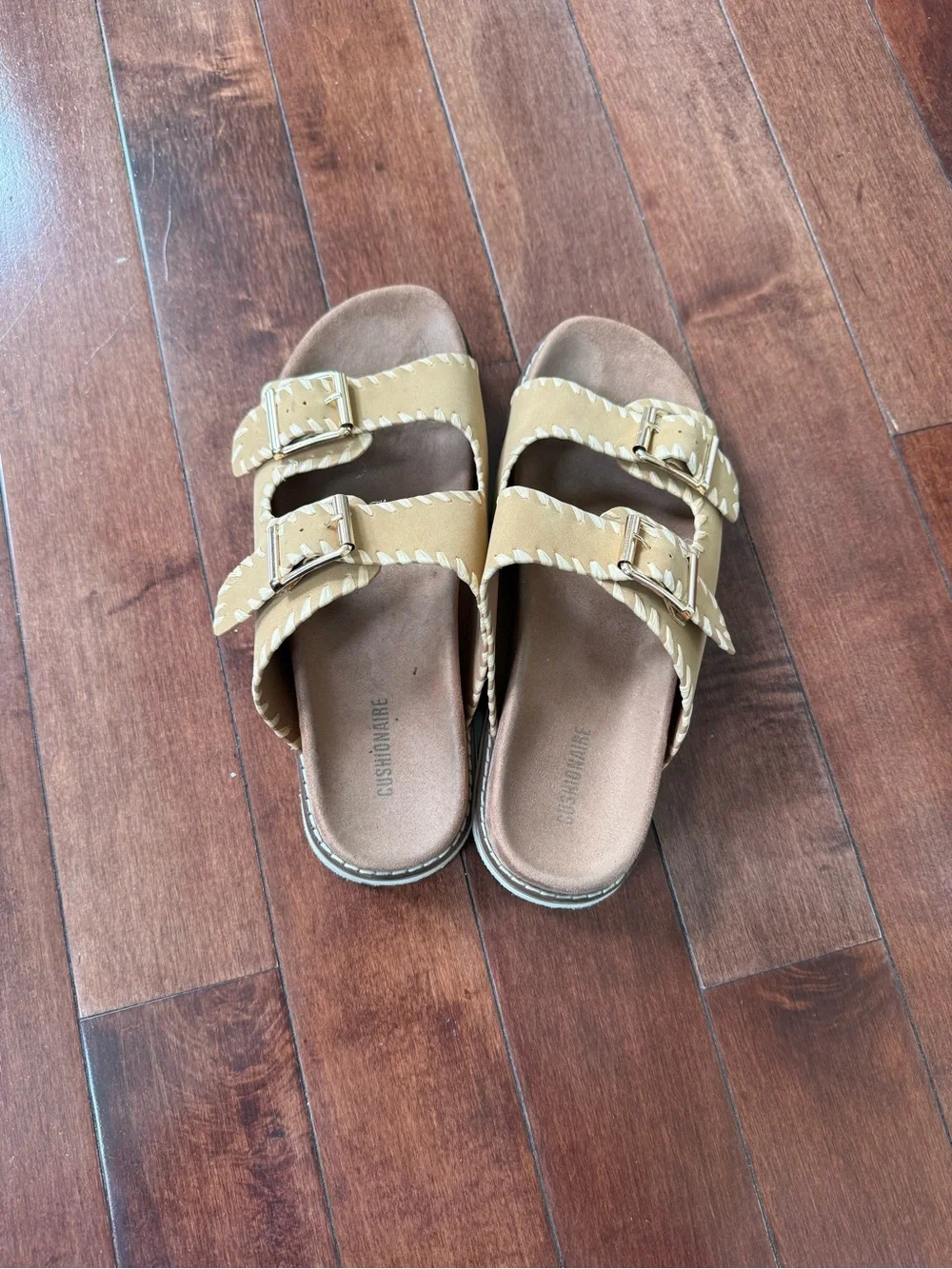 Wyatt Women’s Tan Double Buckle Slide Sandals, size 7W